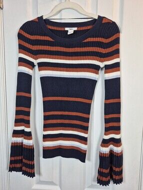 Bar III Striped Ribbed Bell Sleeve Sweater 70s Rockstar Whimsigoth Indie Sleaze